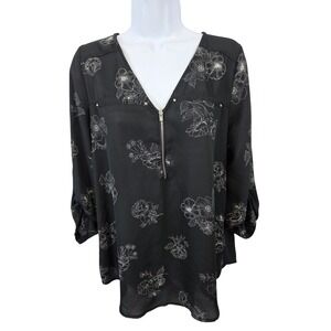 Maurices Black Floral Print V Neck Zip 3/4 Sleeve Blouse Top Size Large L /A185